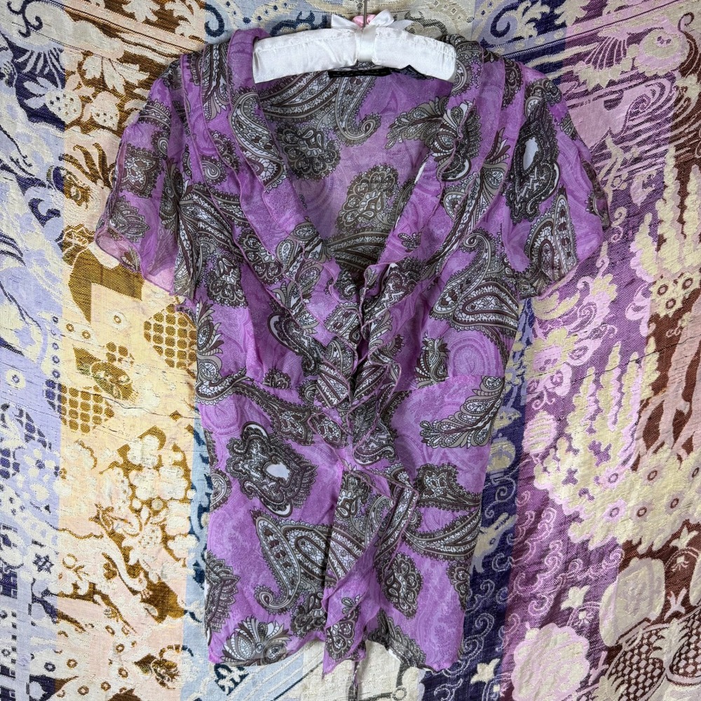 Purple Paisley Coquette Whimsy Ruffled Split Flutter Sleeve Tie Waist Blouse L